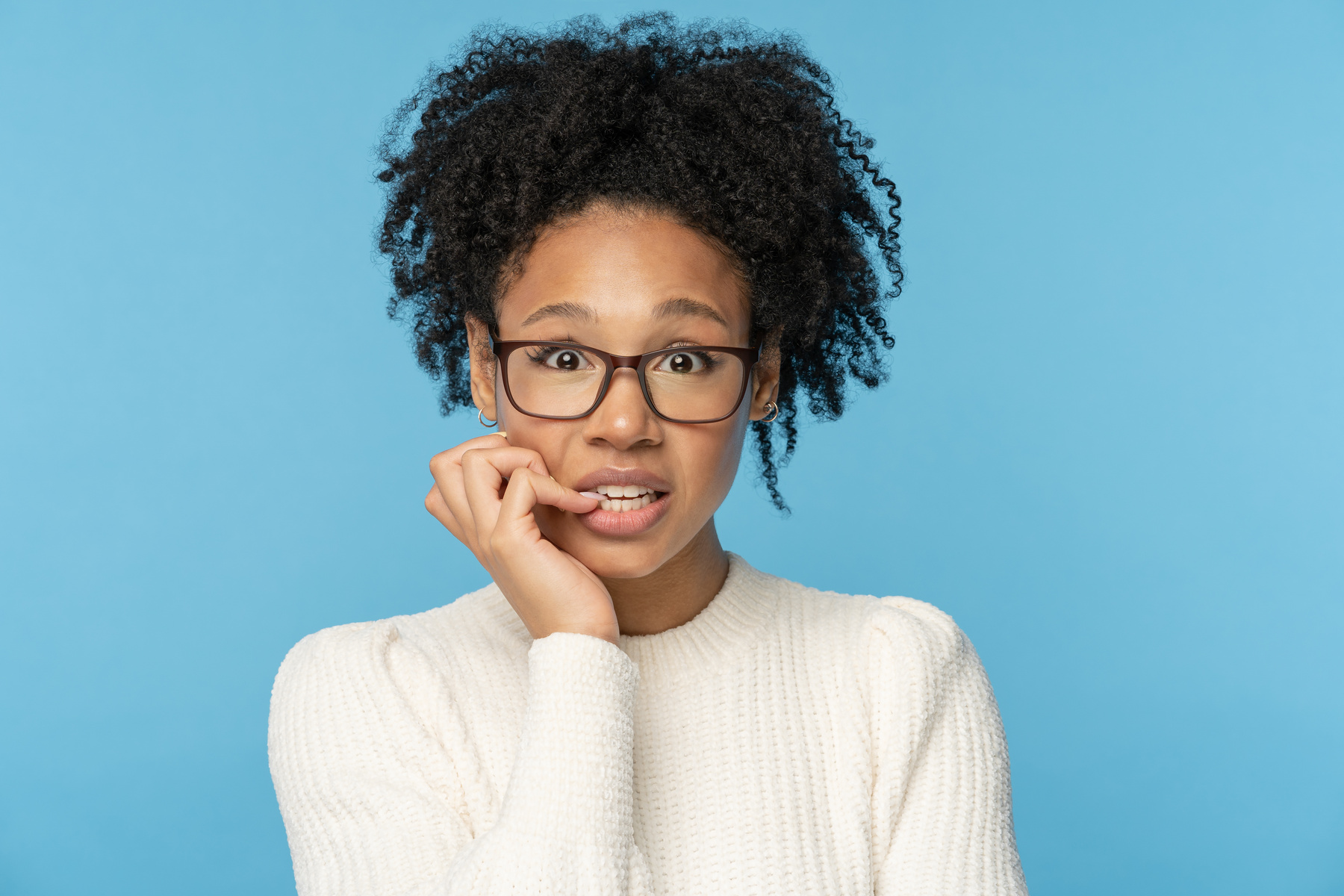 Shy Awkward Afro Woman Wear Glasses Biting 